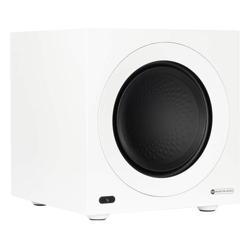 Monitor Audio Anthra W10 sin rejilla, vista en ángulo, blanco satinado