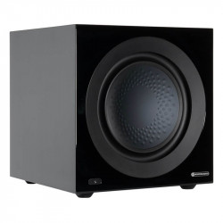 Monitor Audio Anthra W12 sin rejilla, vista en ángulo, negro brillante