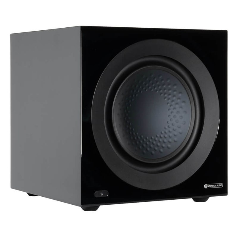 Monitor Audio Anthra W12 sin rejilla, vista en ángulo, negro brillante