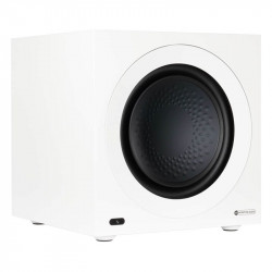 Monitor Audio Anthra W12 sin rejilla, vista en ángulo, blanco satinado