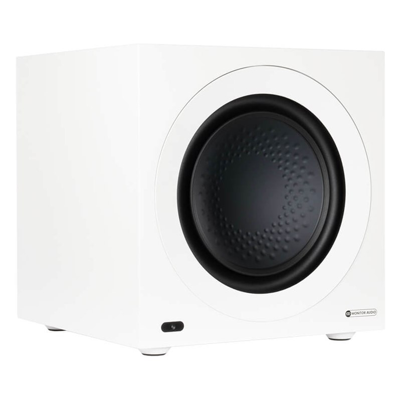 Monitor Audio Anthra W12 sin rejilla, vista en ángulo, blanco satinado
