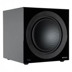 Monitor Audio Anthra W15 sin rejilla, vista en ángulo, negro brillante