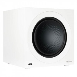 Monitor Audio Anthra W15 sin rejilla, vista en ángulo, blanco satinado