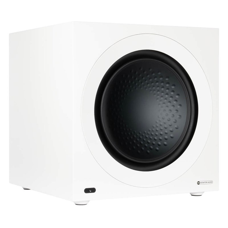 Monitor Audio Anthra W15 sin rejilla, vista en ángulo, blanco satinado