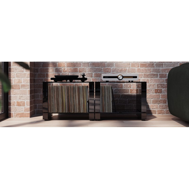 Blok Stax 2G LP, Dos Stax 2G LP en vidrio negro con vinilos, tocadiscos y amplificador encima (no incluidos), vidrio negro / neg