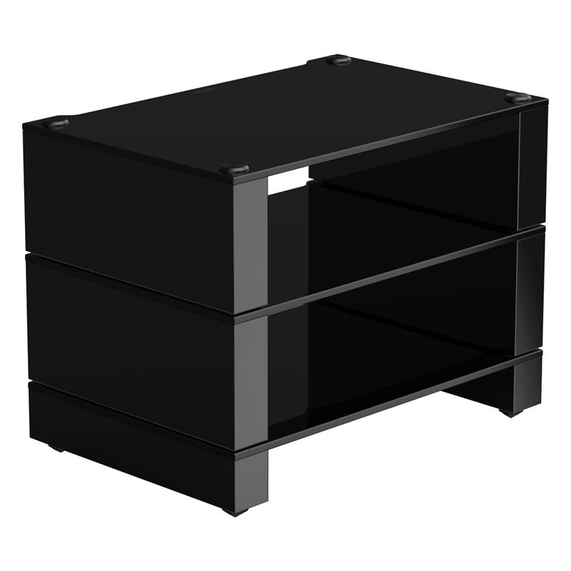 Blok Stax 2G 3 Shelf en vidrio negro con soportes negro alto brillo, en ángulo, vidrio negro / negro alto brillo
