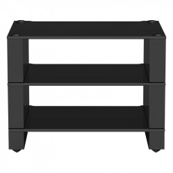 Blok Stax 2G 3 Shelf en vidrio negro con soportes negro alto brillo, de frente, vidrio negro / negro alto brillo