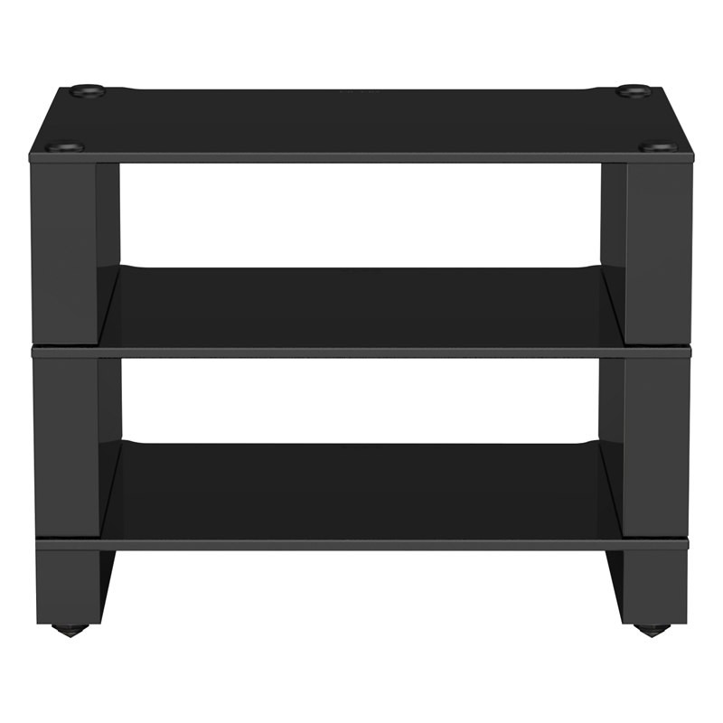 Blok Stax 2G 3 Shelf en vidrio negro con soportes negro alto brillo, de frente, vidrio negro / negro alto brillo