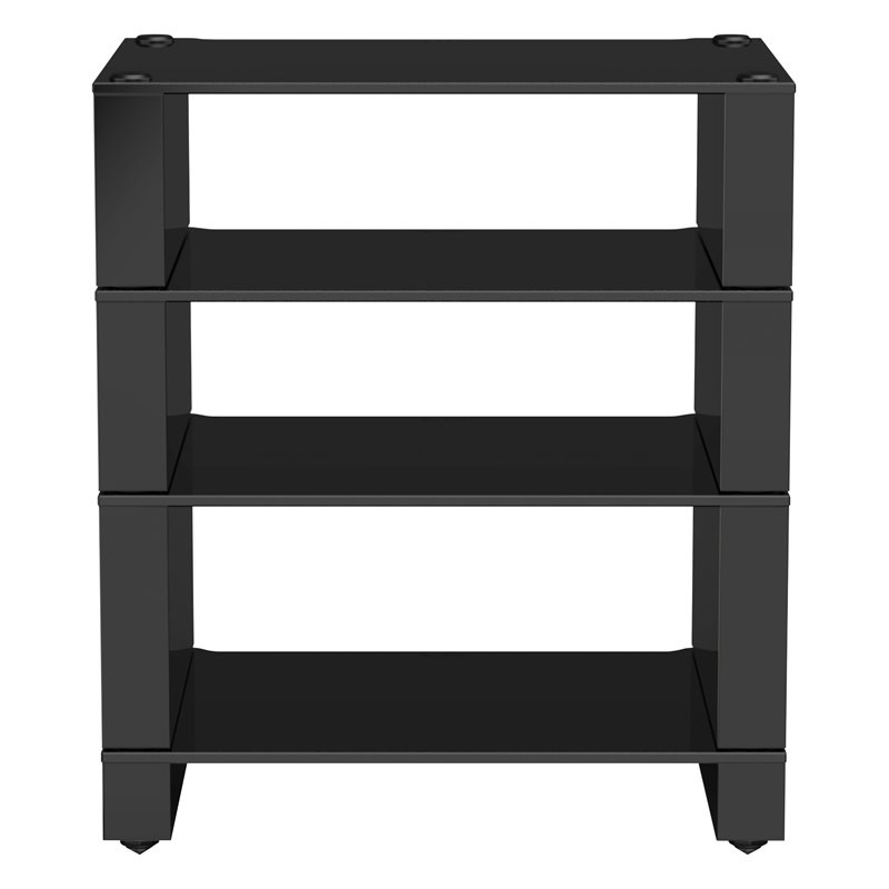 Blok Stax 2G 4 Shelf en vidrio negro con soportes negro alto brillo, de frente, vidrio negro / negro alto brillo