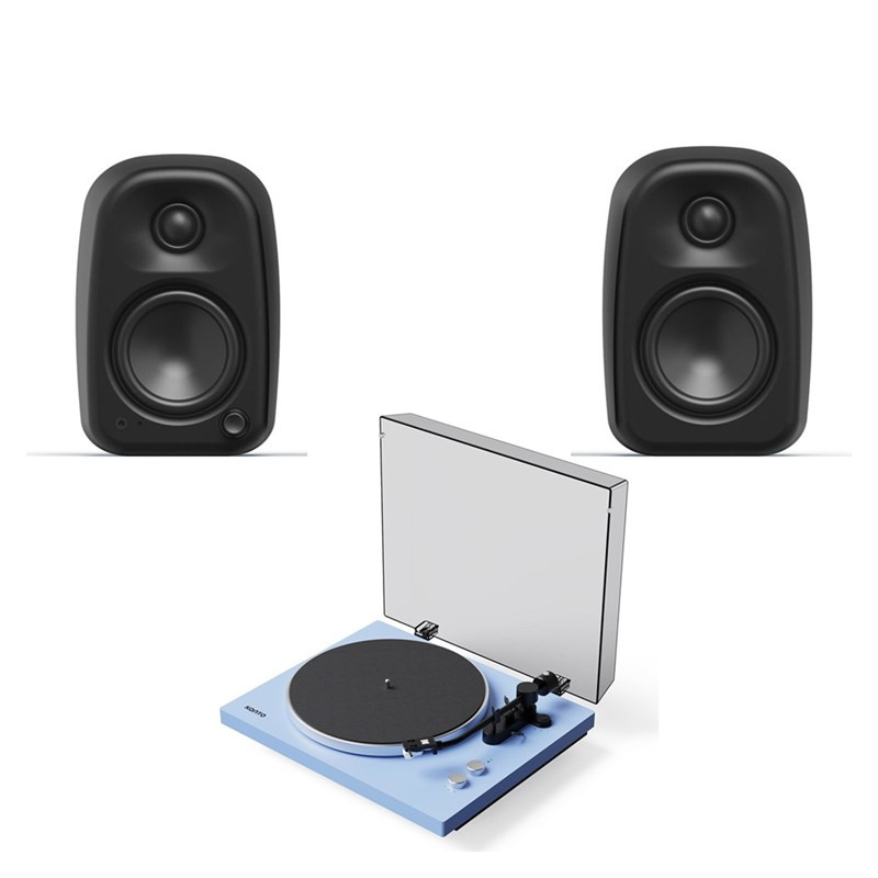 Pack Kanto OBI3 G2 + UKI + SU2: altavoces UKI en negro ónix y giradiscos OBI3 G2 en azul hielo