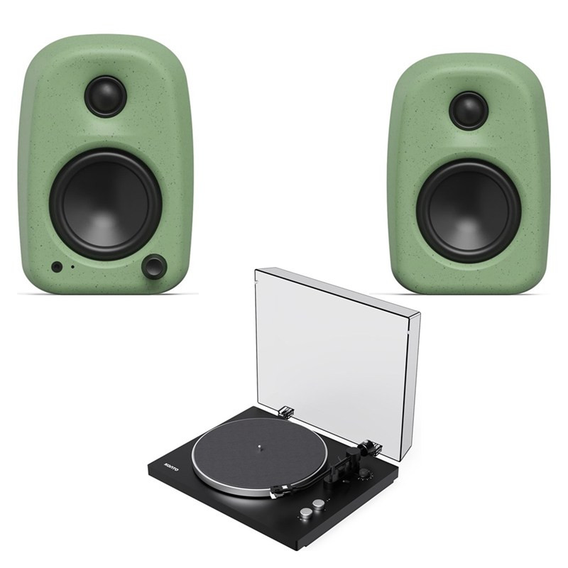 Pack Kanto OBI3 G2 + UKI + SU2: altavoces UKI en verde salvia y giradiscos OBI3 G2 en negro