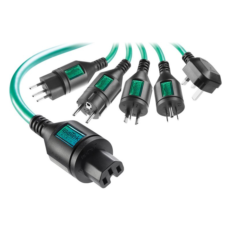 IsoTek EVO3 Initium, clavijas de cada país y conector C13 (en España se sirve con Schuko)