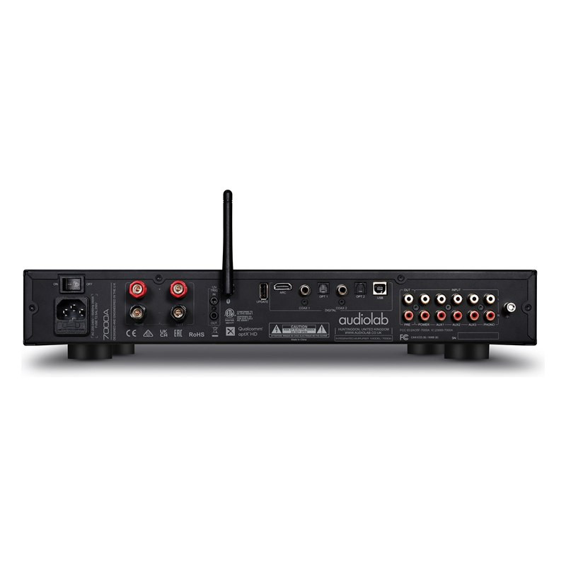 Audiolab 7000A, panel trasero con HDMI ARC, USB-B, coaxial y óptica, negro
