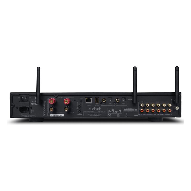 Audiolab 6000A Play, panel trasero con Ethernet, coaxial, óptica, phono y salida de previo, negro