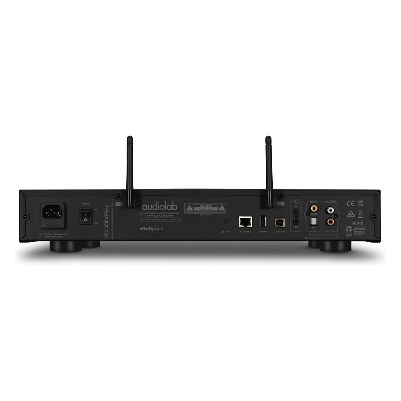 Audiolab 7000N Play, panel trasero con antenas Wi-Fi, Ethernet y salidas, negro
