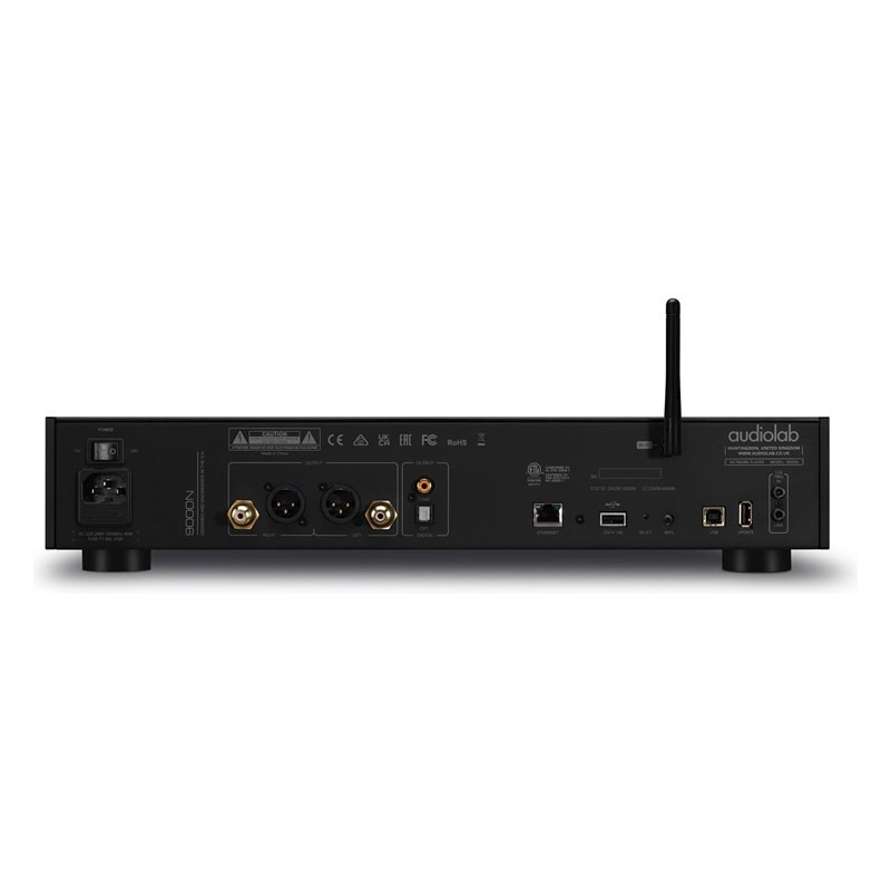 Audiolab 9000N, panel trasero con XLR, RCA, coaxial, óptica, USB y Ethernet, negro