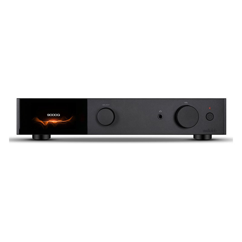 Audiolab 9000Q, frontal en negro con la pantalla encendida