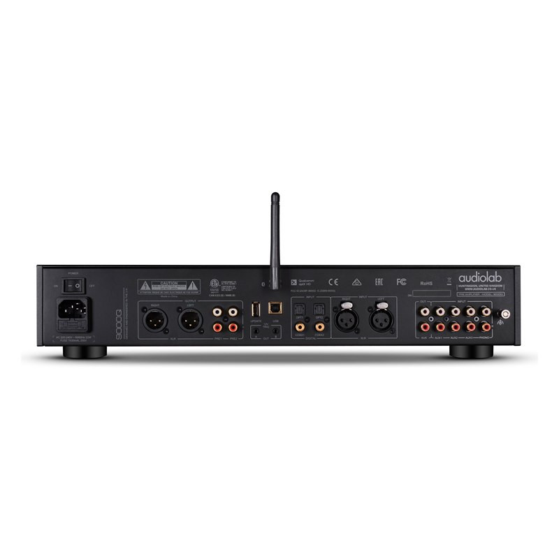 Audiolab 9000Q, panel trasero con entradas XLR, phono, digitales y antena Bluetooth, negro