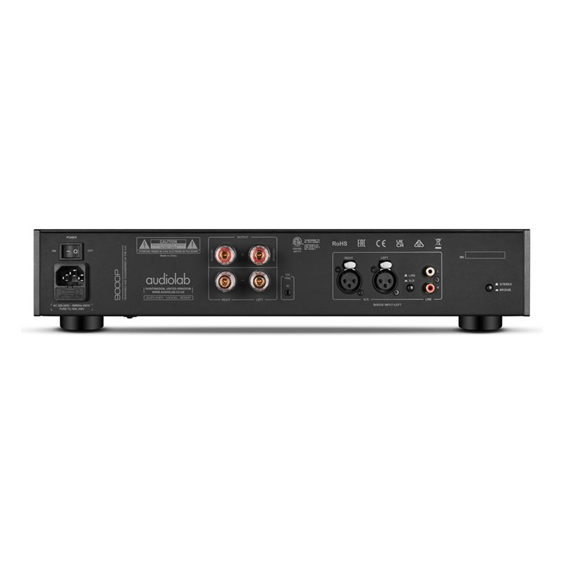 Audiolab 9000P, panel trasero con RCA, XLR, selector de puente y disparo de 12 V, negro
