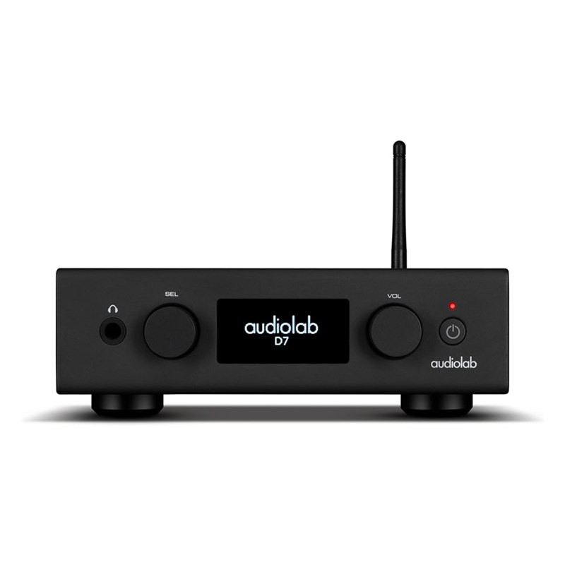 Audiolab D7, frontal del D7 negro con la pantalla OLED