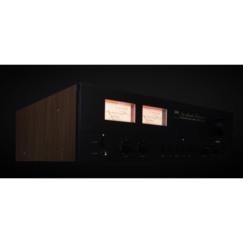NAD C 3050, amplificador integrado estéreo Hi-Fi, vista frontal vúmetros iluminado