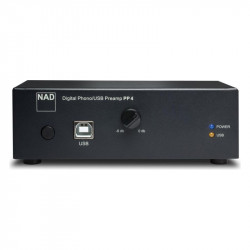 NAD PP4, frontal con el conector USB tipo B, el mando de nivel de grabación de 0 a -6 dB y los pilotos POWER y USB