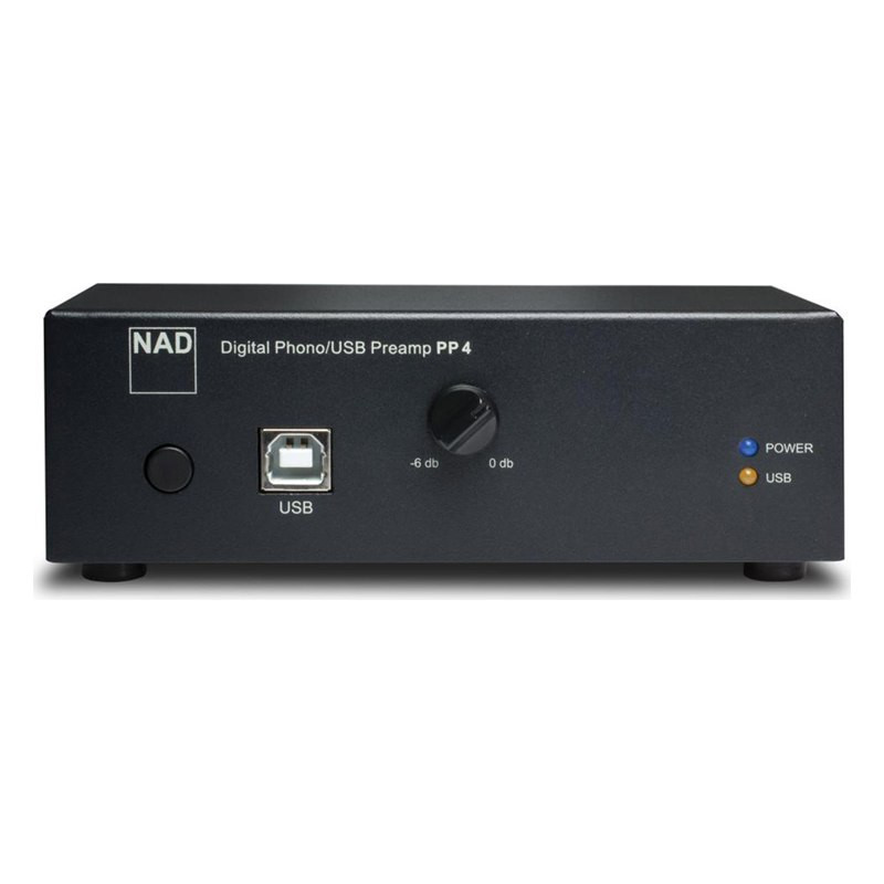 NAD PP4, frontal con el conector USB tipo B, el mando de nivel de grabación de 0 a -6 dB y los pilotos POWER y USB