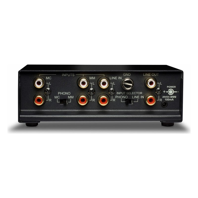 NAD PP4, panel trasero con entradas RCA MC, MM y de línea, conmutadores MC/MM y Phono/Line In, borne de masa, salida de línea y 