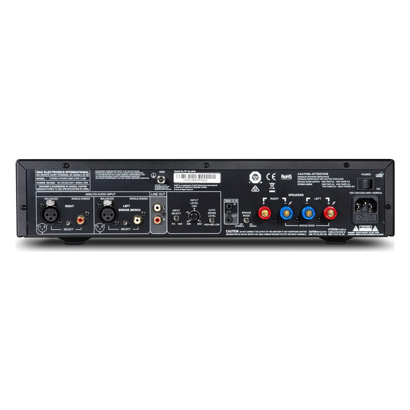 NAD C 268, panel trasero con entradas XLR y RCA, salida de línea, control de nivel, disparador de 12 V, interruptor de modo puen