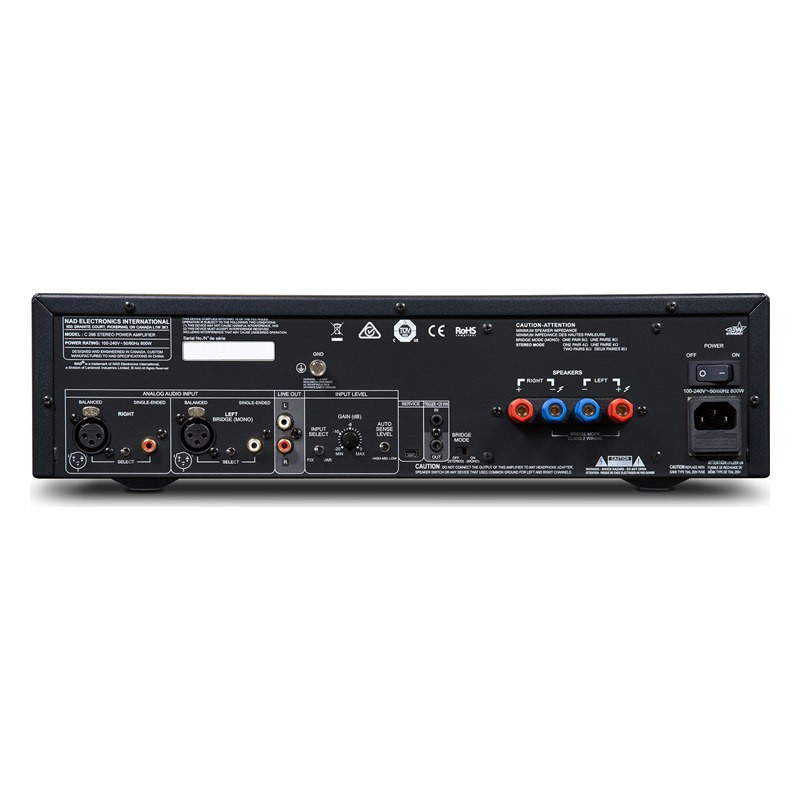 NAD C 298, panel trasero con entradas XLR y RCA, salida de línea, control de ganancia, disparador de 12 V, interruptor de modo p