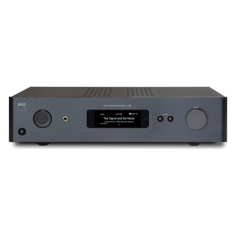 NAD C 379, frontal con la pantalla, la toma de auriculares, los botones de fuente y el mando de volumen (la pantalla muestra TID