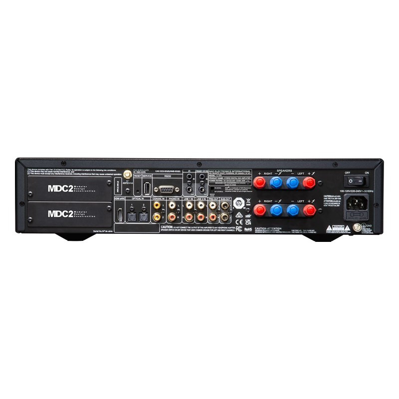 NAD C 379, panel trasero con las dos ranuras MDC2, HDMI eARC, entradas ópticas, coaxiales, phono y de línea, salida de previo, d