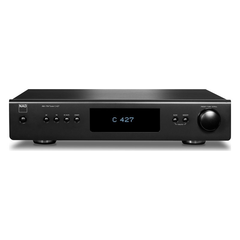 NAD C 427, frontal en negro con la pantalla encendida, botones AM, FM, FM Mute, Dimmer, Blend y Memory y el mando giratorio Pres