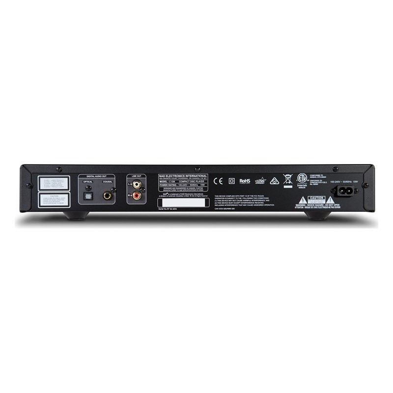 NAD C 538, panel trasero con salidas digitales óptica y coaxial, salida de línea RCA y toma de alimentación