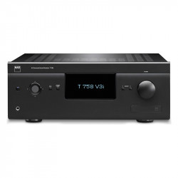 NAD T 758 V3i, frontal en negro con la pantalla 'T 758 V3i', el mando de navegación, los botones Menu, Listening Mode y Source, 