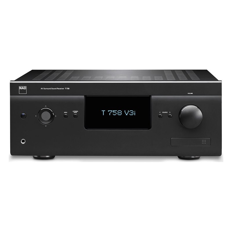 NAD T 758 V3i, frontal en negro con la pantalla 'T 758 V3i', el mando de navegación, los botones Menu, Listening Mode y Source, 