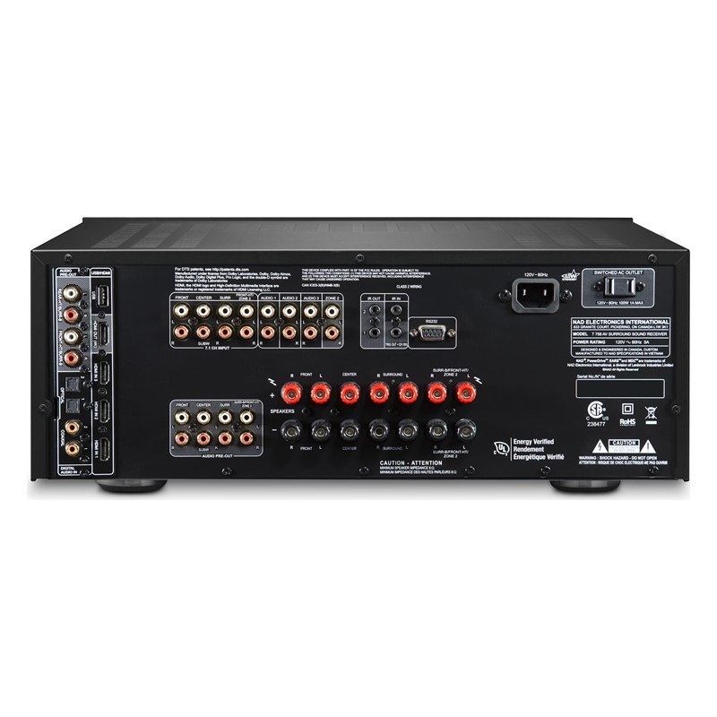 NAD T 758 V3i, panel trasero con 3 entradas y 1 salida HDMI, USB, entradas digitales coaxiales y ópticas, entradas analógicas y 