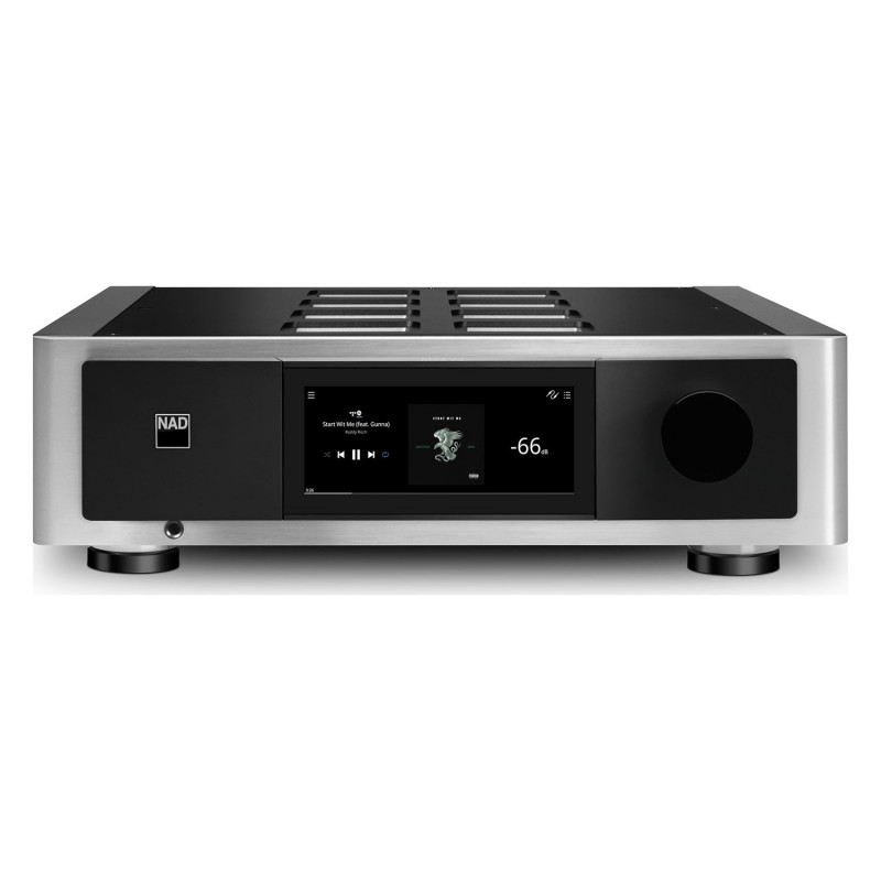 NAD M33 V2, frontal con la pantalla táctil de 7 pulgadas y el mando de volumen