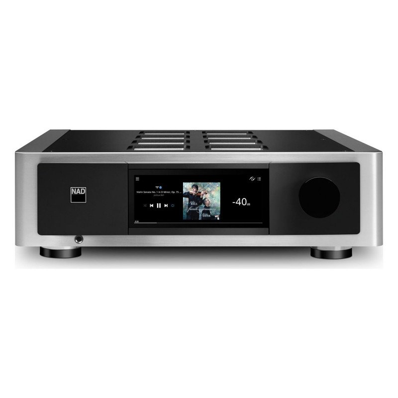 NAD M66, frontal con la pantalla táctil de 7 pulgadas y el mando de volumen