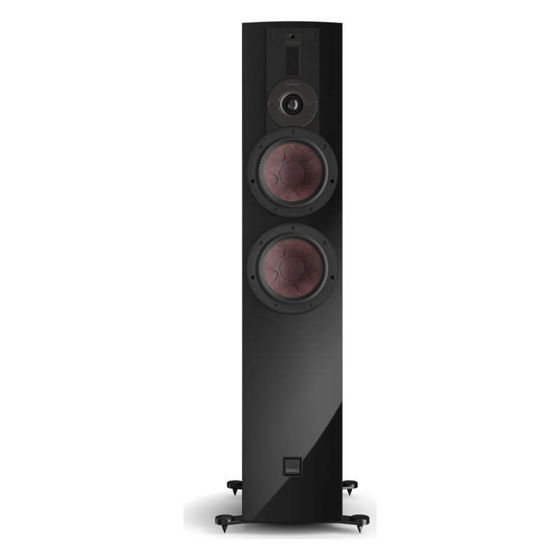 DALI RUBIKORE 6, vista frontal sin rejilla, con el tweeter híbrido y los dos woofers, negro brillo