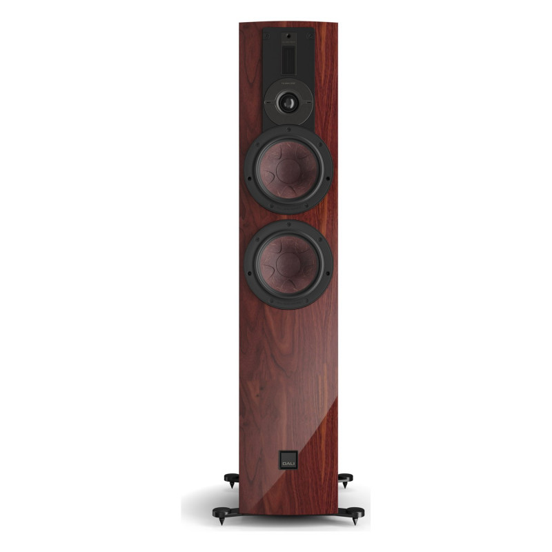 DALI RUBIKORE 6, vista frontal sin rejilla, con el tweeter híbrido y los dos woofers, granate brillo