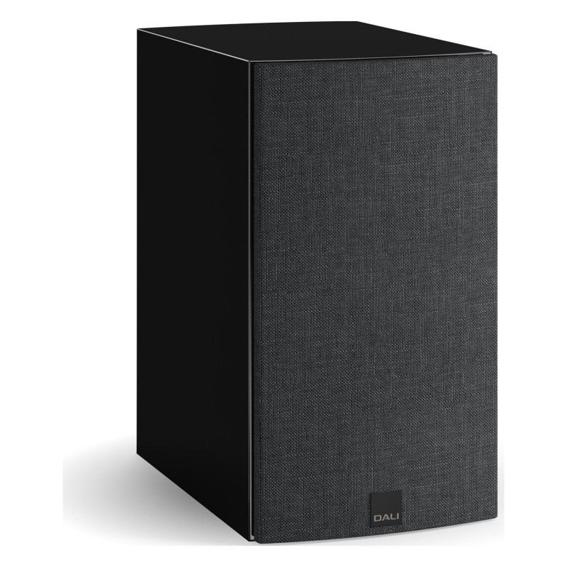 DALI RUBIKORE 2, vista de tres cuartos con la rejilla puesta, negro brillo