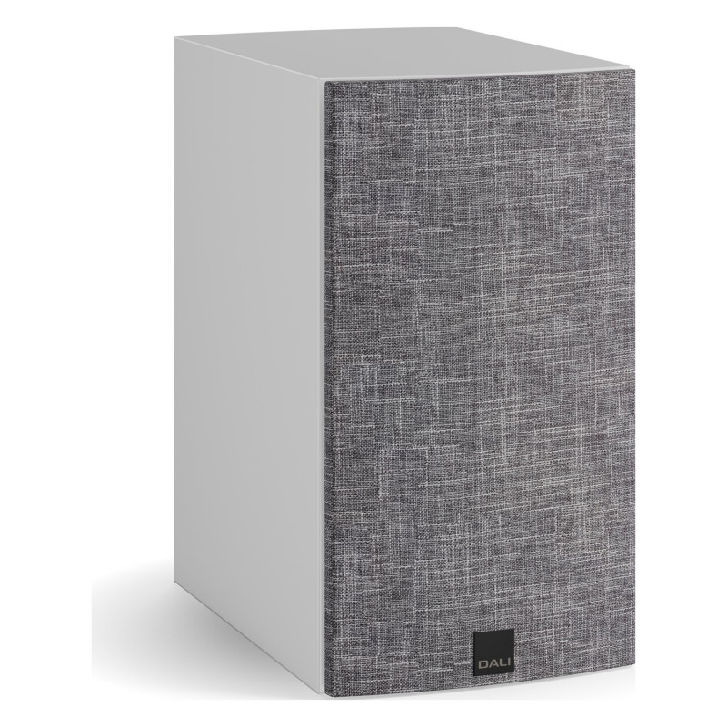 DALI RUBIKORE 2, vista de tres cuartos con la rejilla gris claro, blanco brillo