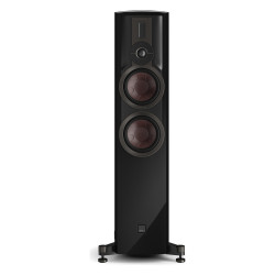 DALI EPIKORE 7, vista frontal sin rejilla con los dos conos de 7″ y el tweeter EVO-K, negro brillo