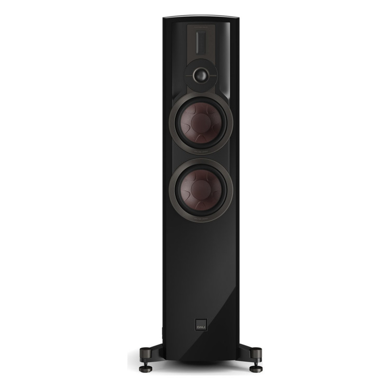 DALI EPIKORE 7, vista frontal sin rejilla con los dos conos de 7″ y el tweeter EVO-K, negro brillo