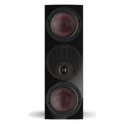 DALI RUBIKORE CINEMA, vista frontal sin rejilla, en vertical, con el tweeter híbrido entre los dos woofers, negro brillo