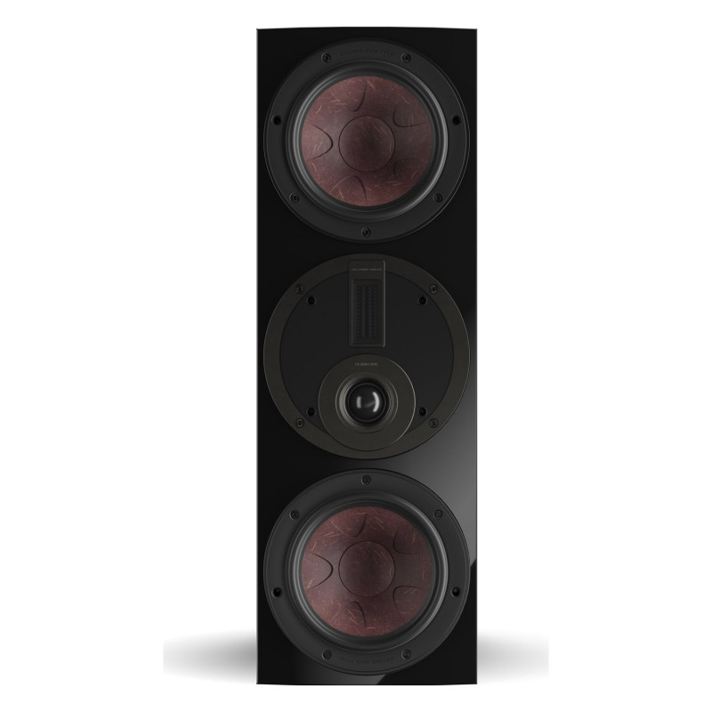 DALI RUBIKORE CINEMA, vista frontal sin rejilla, en vertical, con el tweeter híbrido entre los dos woofers, negro brillo