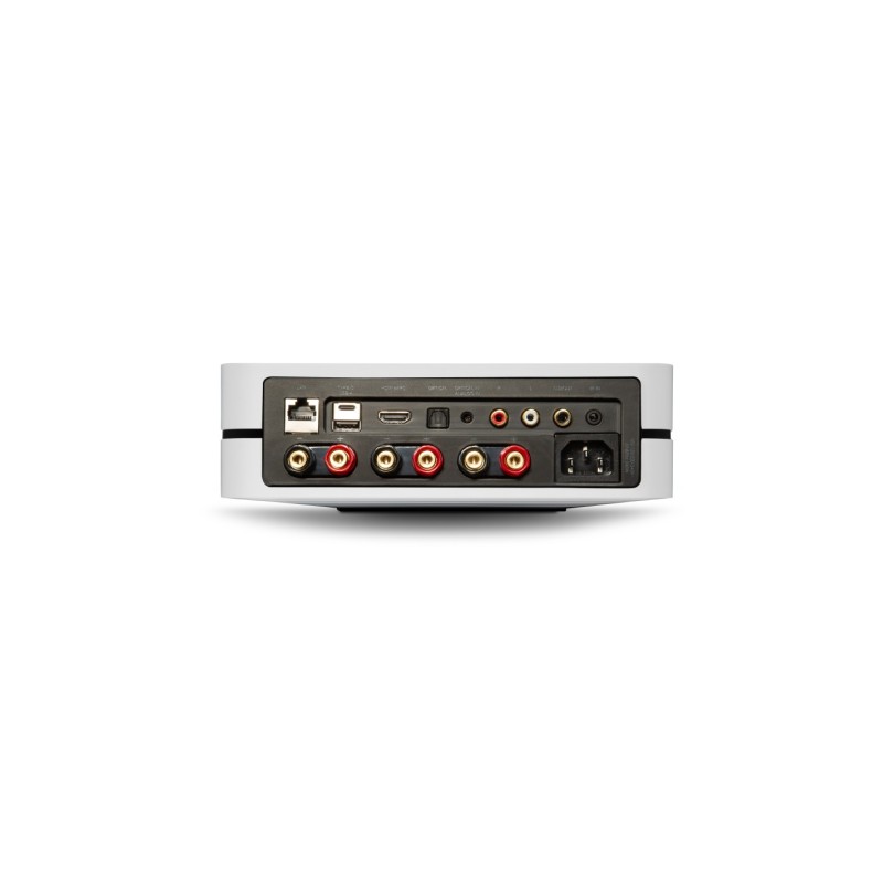 Bluesound PowerNode N331 en blanco, vista trasera con red, USB, HDMI, entrada óptica, RCA, bornes y corriente