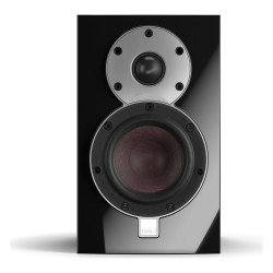 DALI Menuet, vista frontal sin rejilla, con el tweeter de 28 mm y el woofer de 4,5″, negro brillo