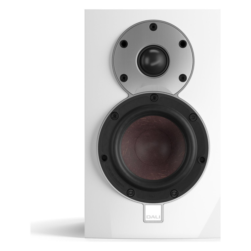DALI Menuet, vista frontal sin rejilla, con el tweeter de 28 mm y el woofer de 4,5″, blanco brillo